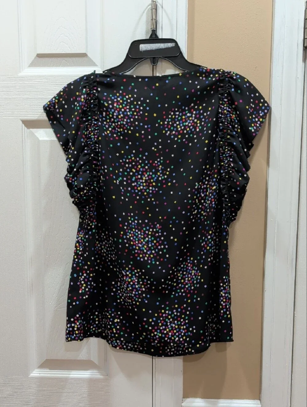 kate spade Black V-Neck Flutter Sleeve Top with Multicolor Confetti Dots